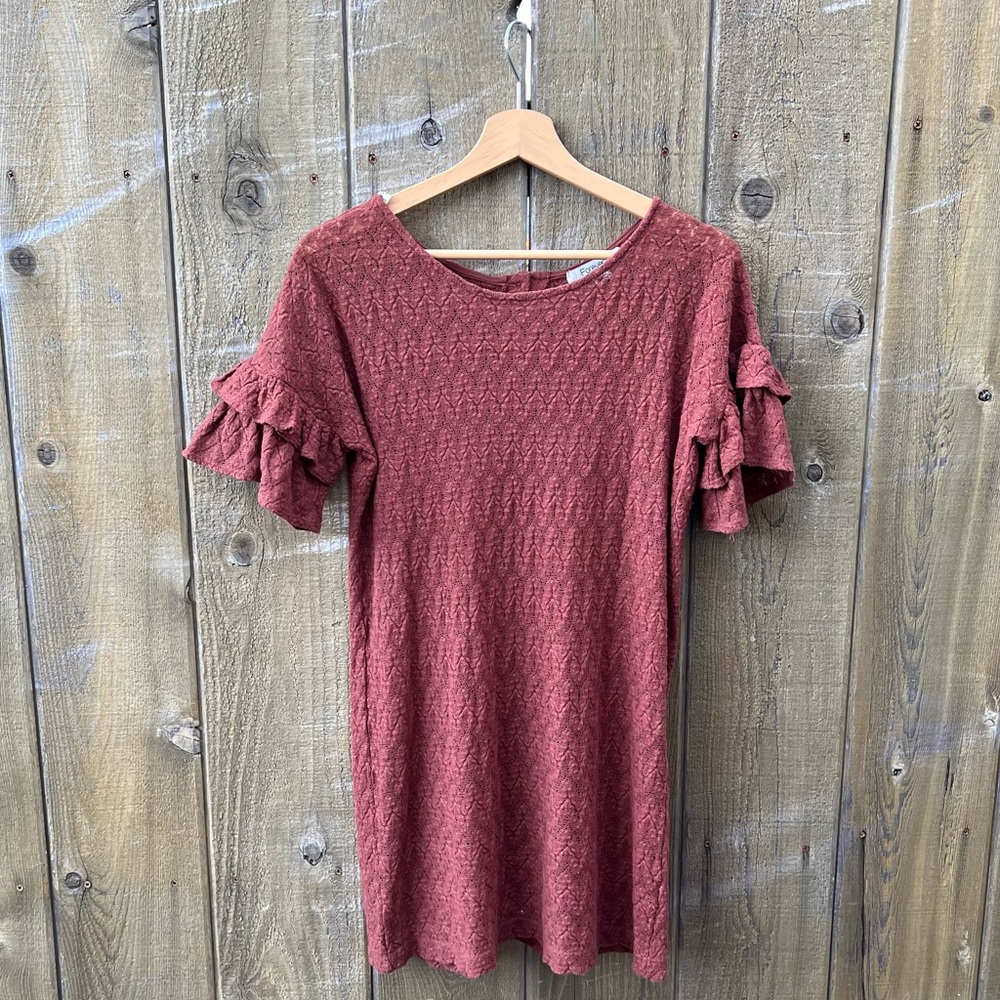 🌿 Vintage Y2K Terracotta Chevron Lace Ruffle Sleeve Mini Dress 🌿